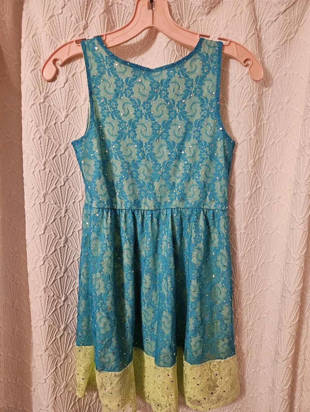 Justice Teal Lace Dress with Lime Eyelet Hem